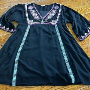 Entro embroidered rayon dress. Bell sleeves. Black, pink, blue.  Size Medium.